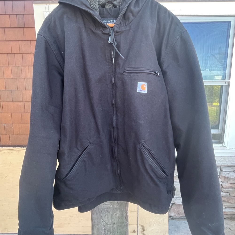 Men's Carhartt XL Black Relaxed Fit Washed Duck Sherpa-Lined Jacket